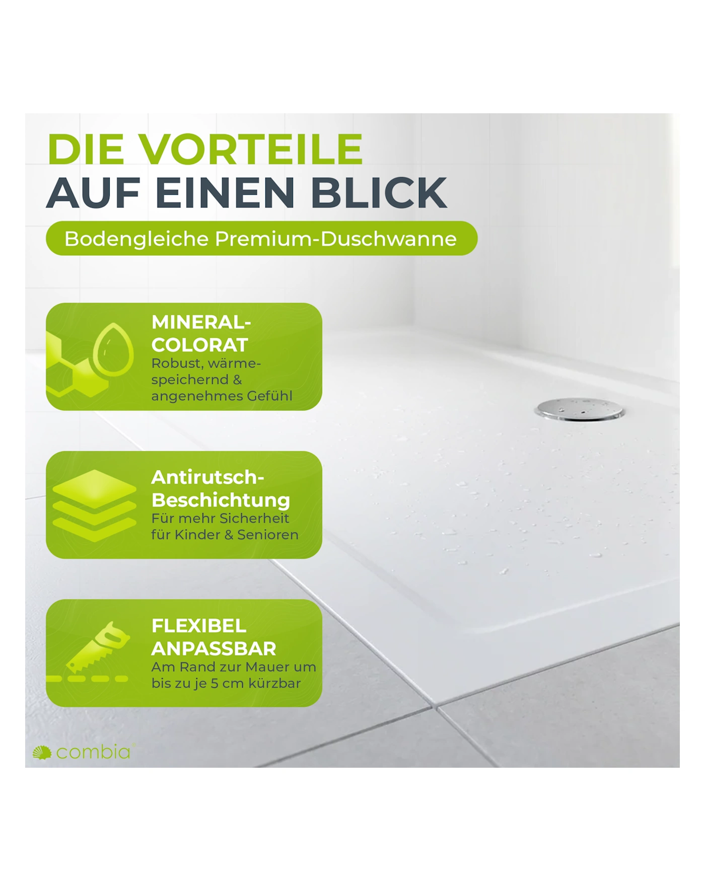 Duschwanne, Bodengleich, Mineral Colorat, Antirutsch-Beschichtung, Flexibel Anpassbar