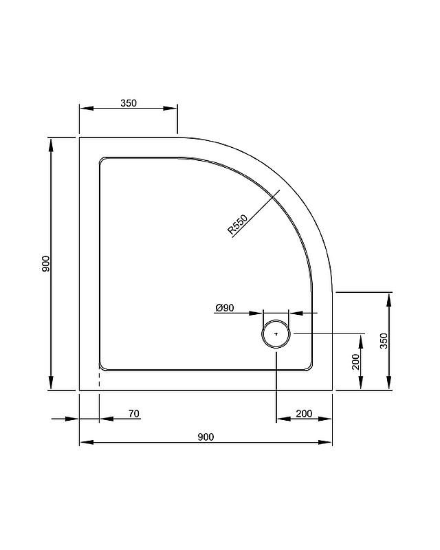 Antirutsch Duschwanne 90x90cm Viertelkreis flach auch bodengleich