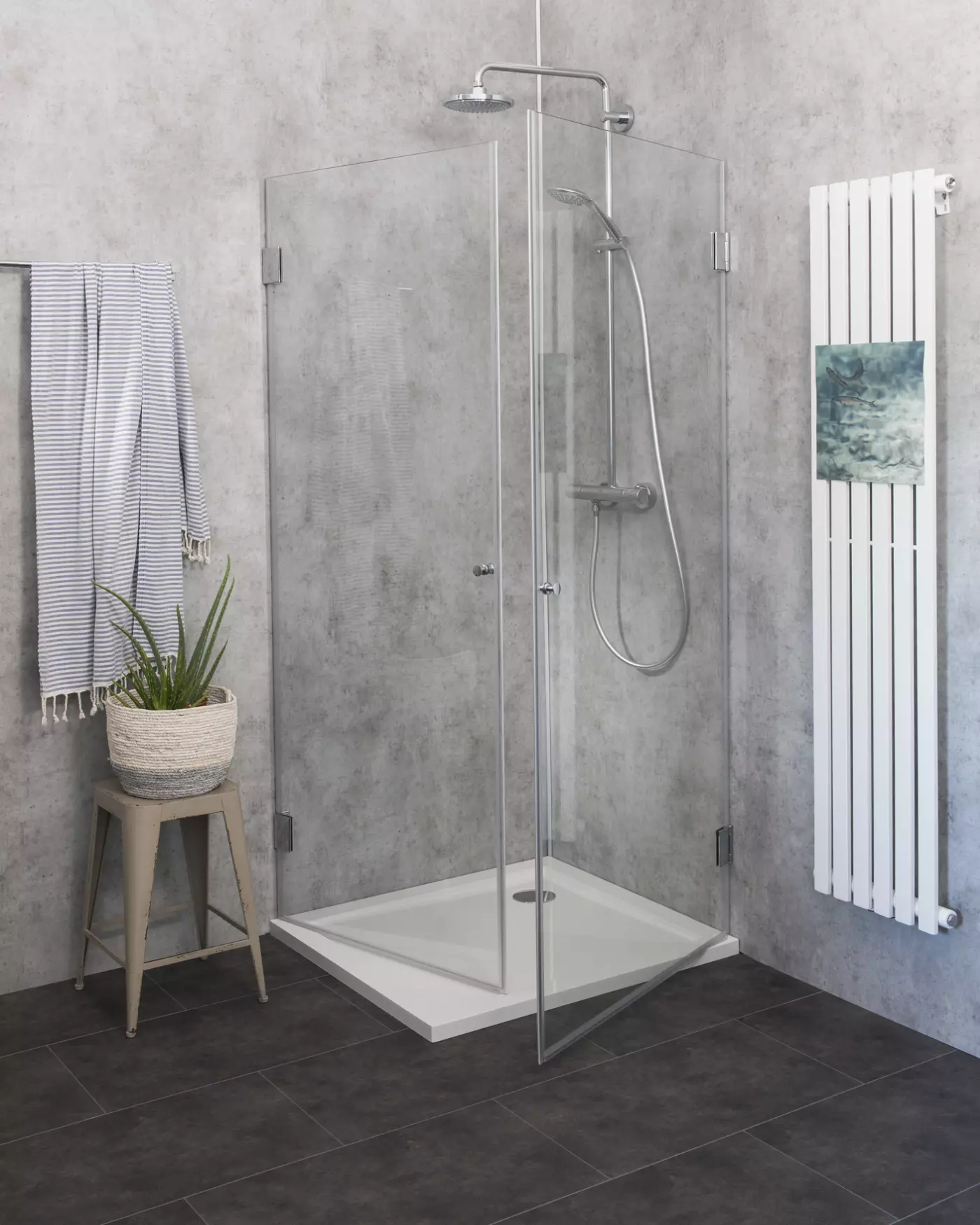 Eckdusche 90x80 mit 2 Türen an Wand H=173cm & Duschwanne