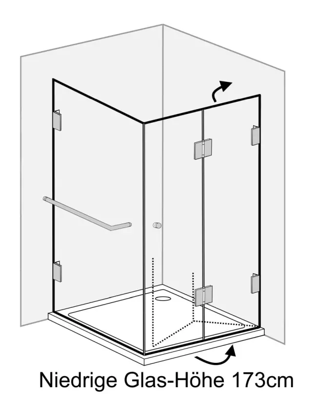 Eckdusche 75x75 Falttür + Festwand Höhe 173cm mit Duschwanne