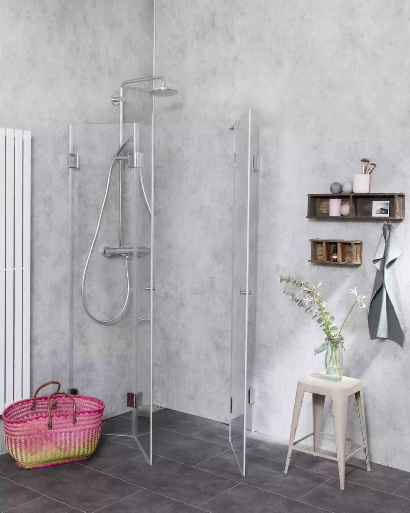 Eckdusche 120x80 Falttür & Tür an Festteil mit Duschwanne