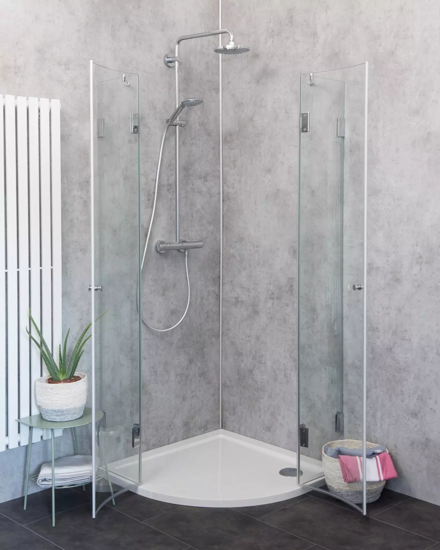 Viertelkreis-Dusche 80x80 mit 2 Türen & Duschwanne