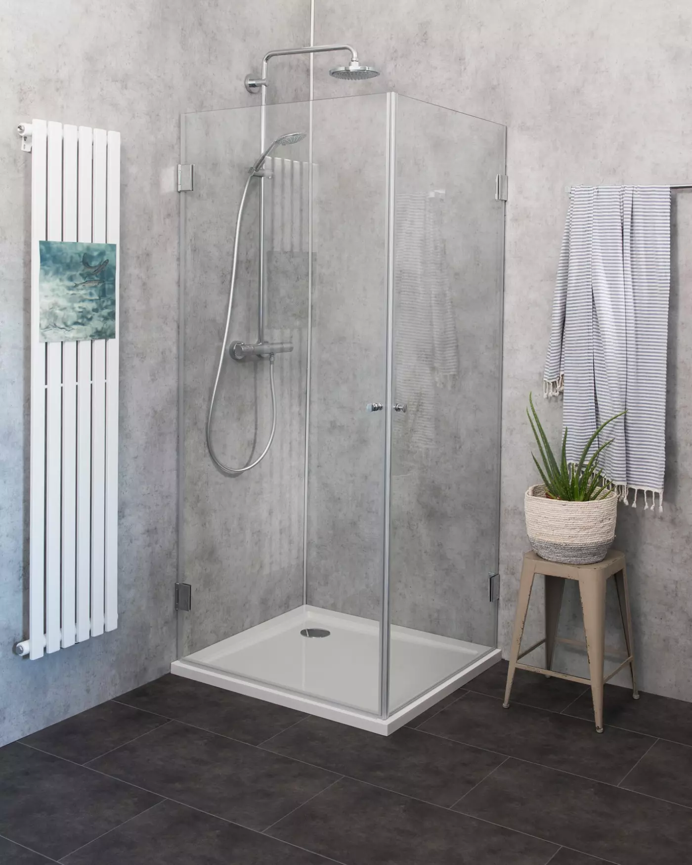 Eckdusche 90x80 mit 2 Türen an Wand H=173cm & Duschwanne