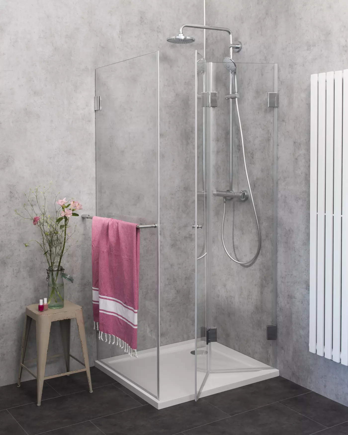 Eckdusche Falttür mit Festwand 100x90 & Duschwanne
