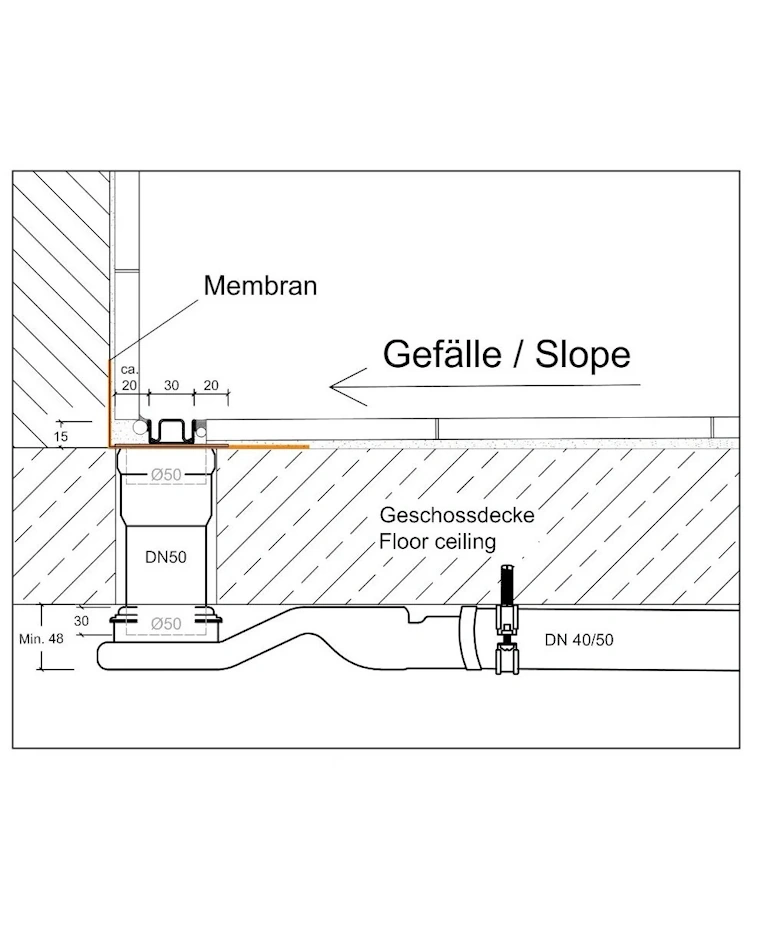 Duschrinne flach, drehbarer Ablauf in der Mitte, Länge 60 cm