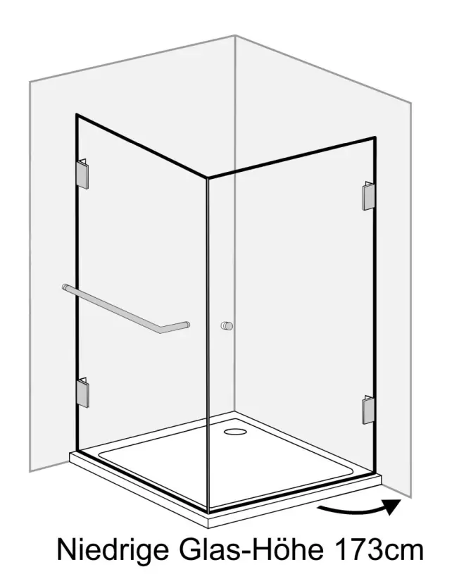 Eckdusche 75x75 mit Festwand, Tür an Wand H=173cm & Duschwanne
