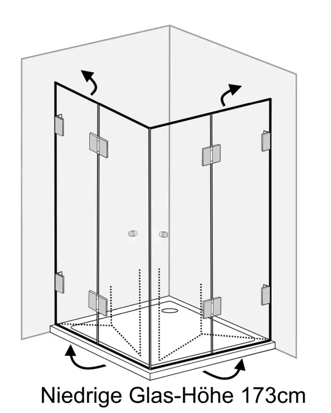 Eckdusche 75x75 mit 2 Falttüren Höhe 173cm & Duschwanne
