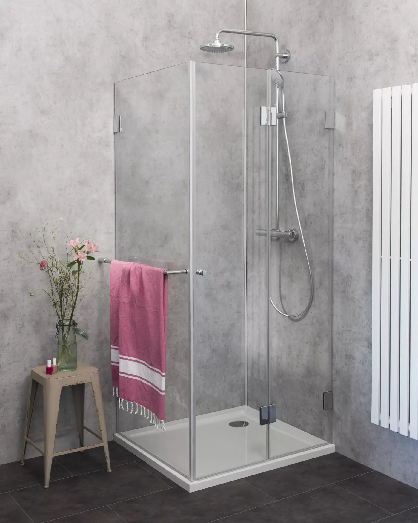 Eckdusche Falttür mit Festwand 100x90 & Duschwanne