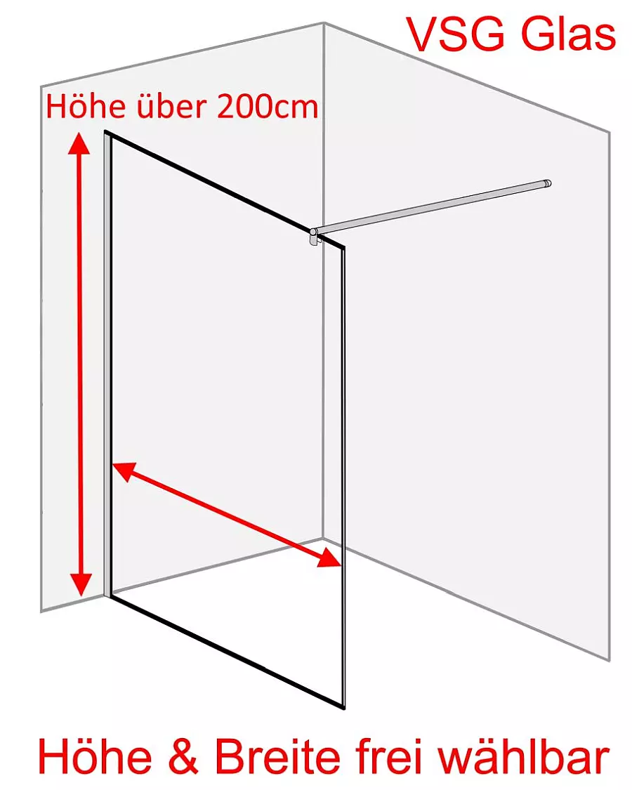 VSG Duschwand mit Klemmprofil Maßanfertigung bis 230 cm Höhe
