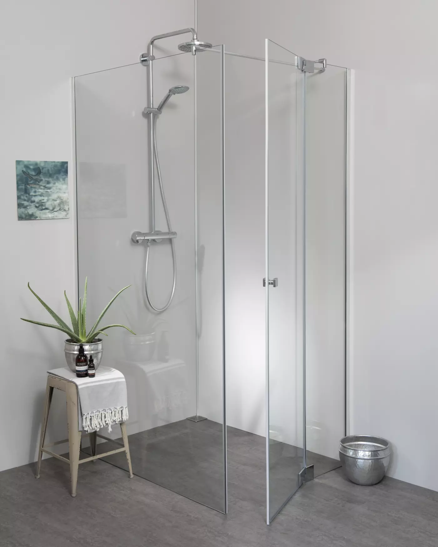 Teilgerahmte Eckdusche mit Pendeltür und Festwand groß