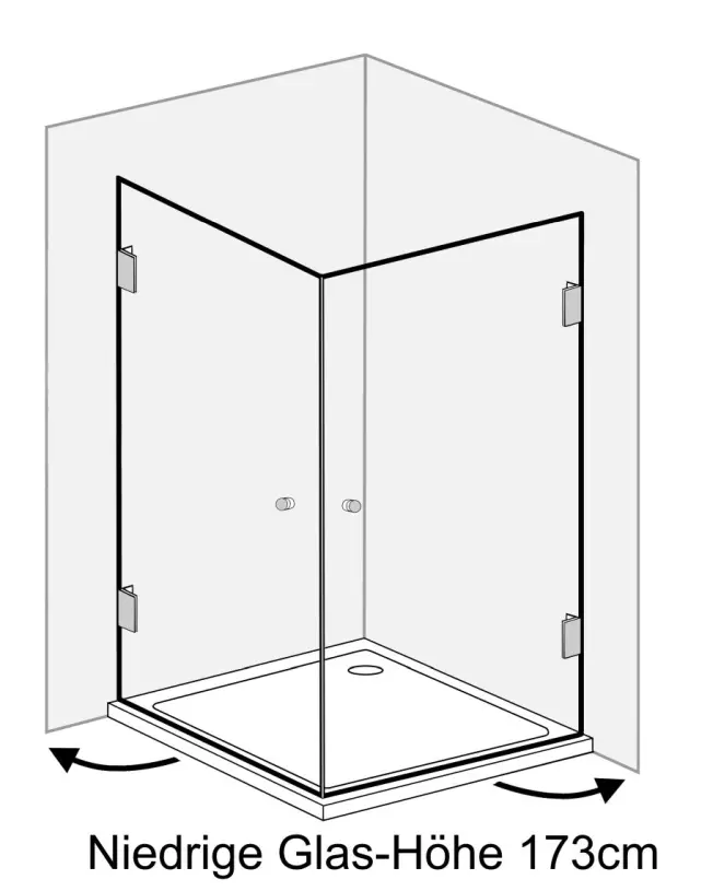 Eckdusche 90x80 mit 2 Türen an Wand H=173cm & Duschwanne