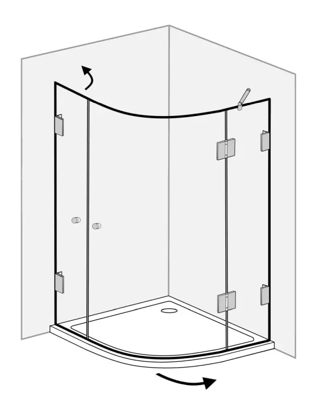 Viertelkreis-Dusche mit Innentür und Tür an Festteil