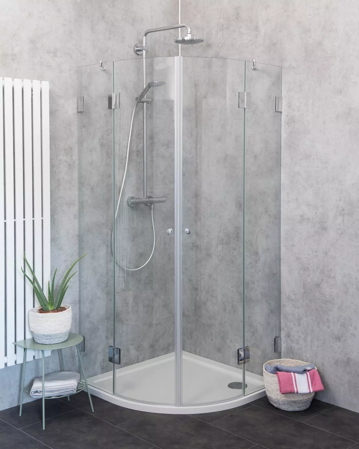 Viertelkreis-Dusche 80x80 mit 2 Türen & Duschwanne
