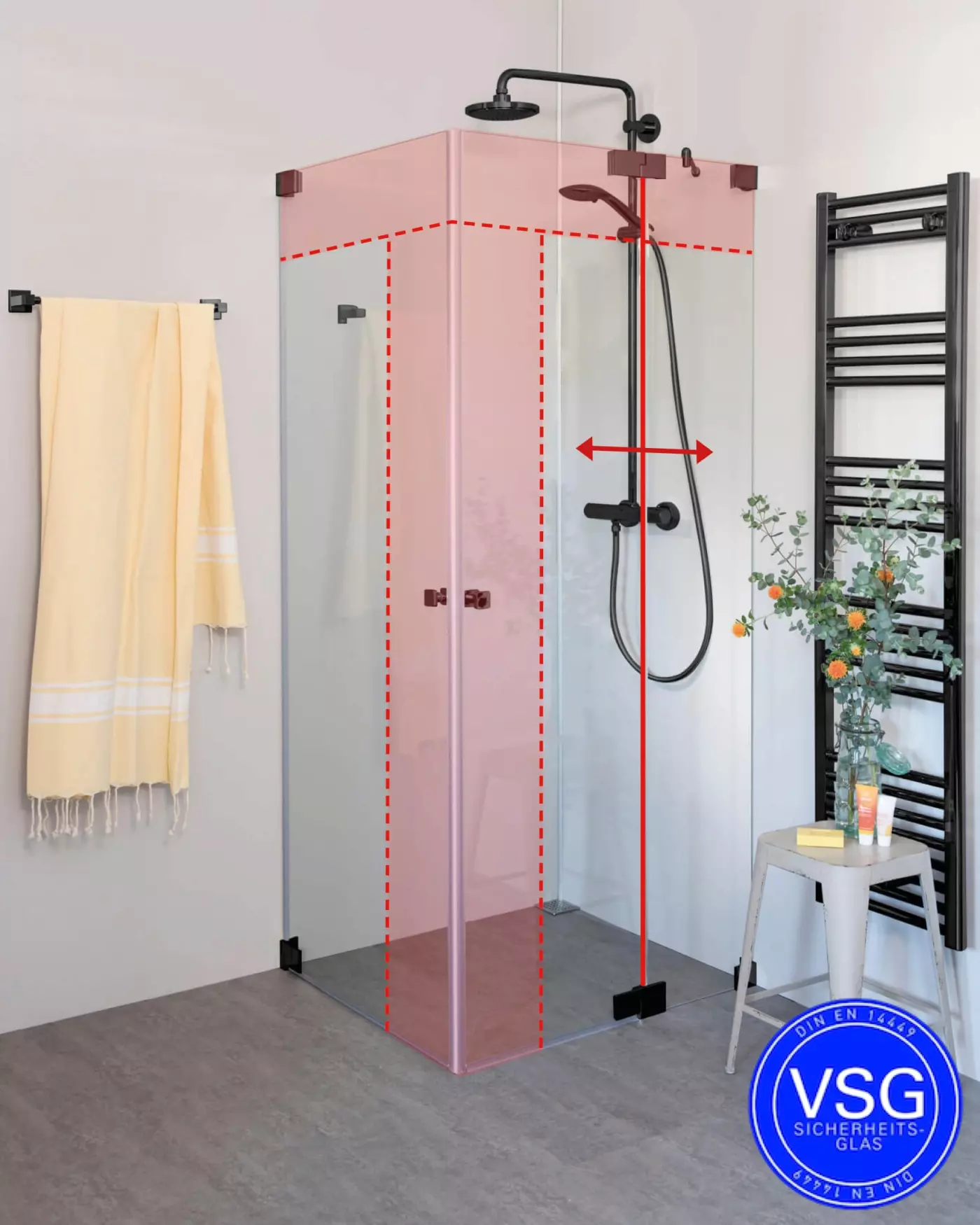 VSG Duschkabine mit Pendeltür an Wand und Pendeltür an Festteil nach Maß