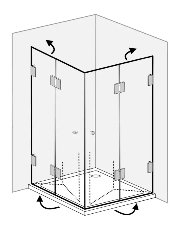 Eckdusche  75x75 mit 2 Falttüren & Duschwanne