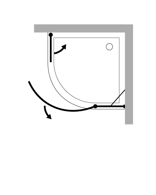 Viertelkreis-Dusche mit Innentür und Tür an Festteil