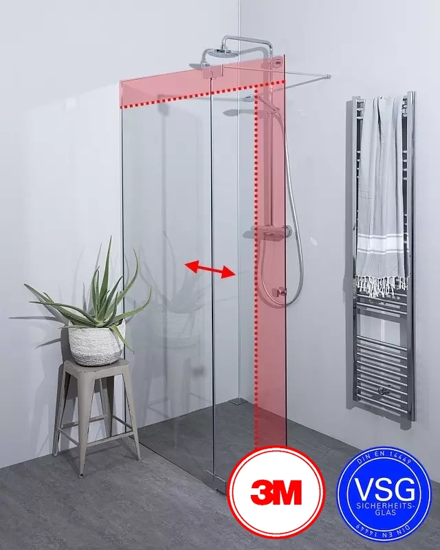 VSG Walk In Dusche zum Kleben mit Klappteil und Wandprofil, Maßanfertigung