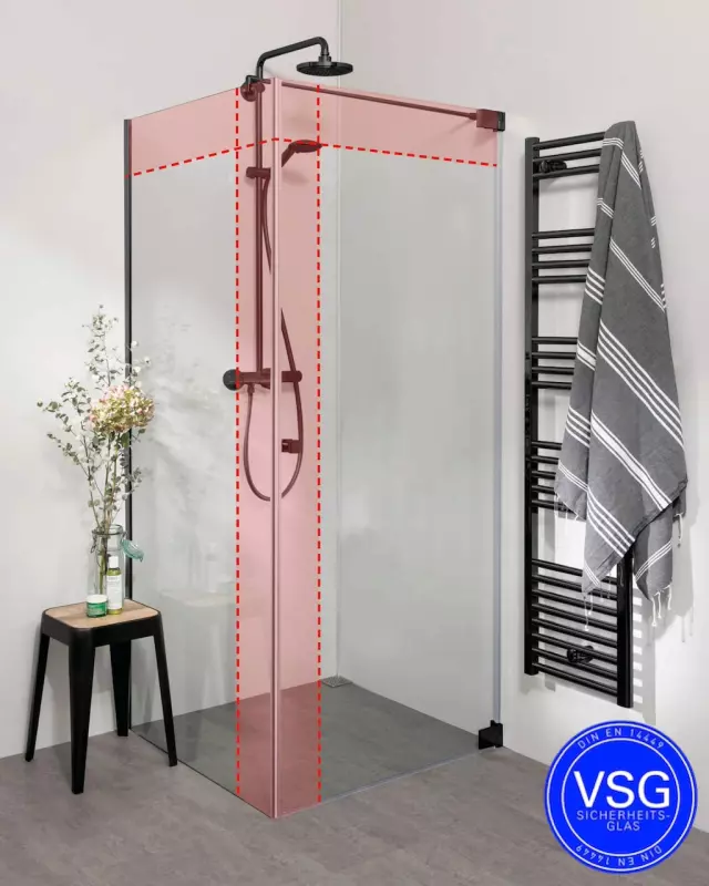Teilgerahmte VSG Eckdusche nach Maß mit Pendeltür an Wand und Festwand