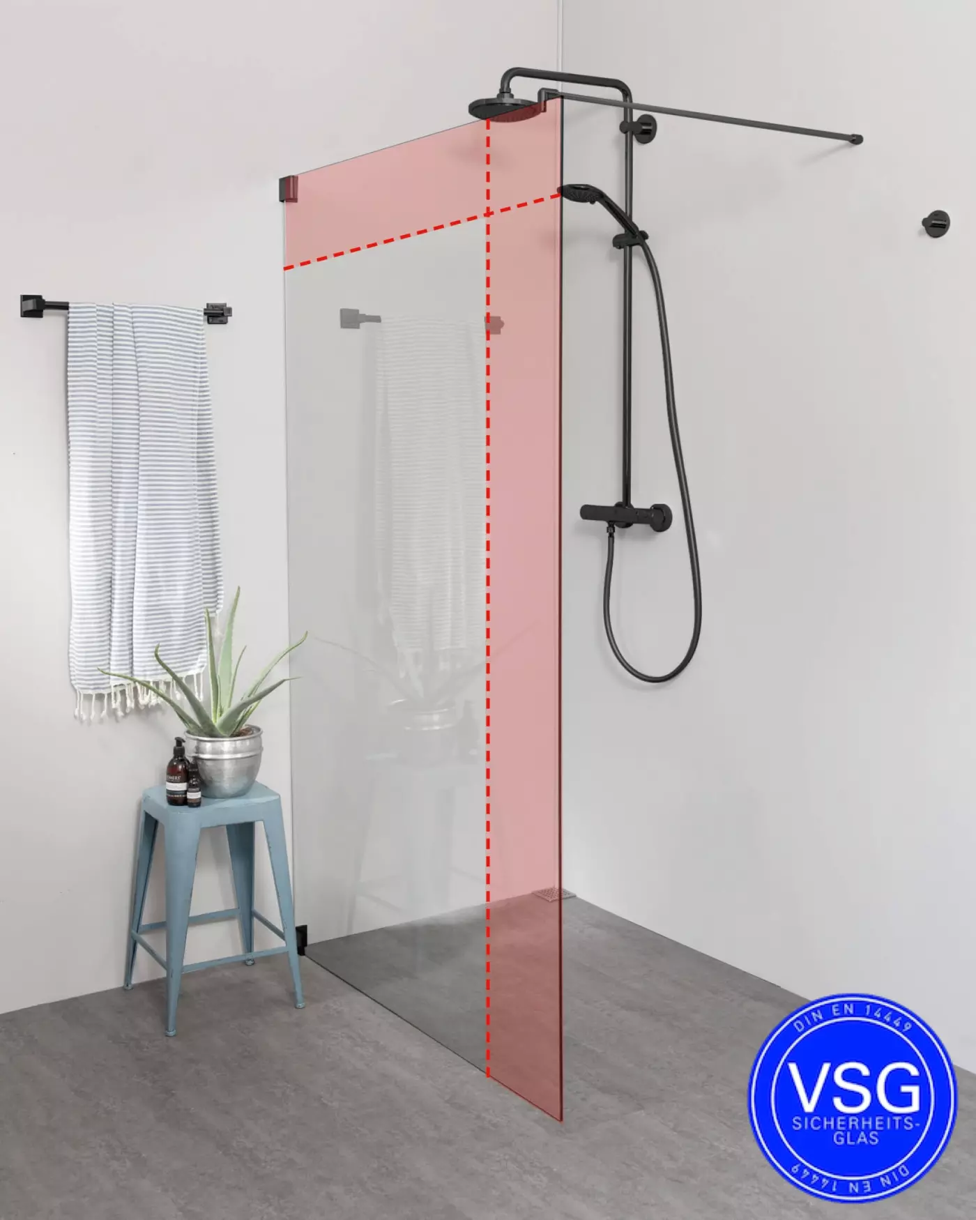 Begehbare Dusche VSG: Freistehende Duschwand Maßanfertigung