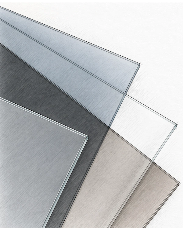 Glasplatten, getöntes Glas, transparente Platten, Grau und Braun, rechteckig