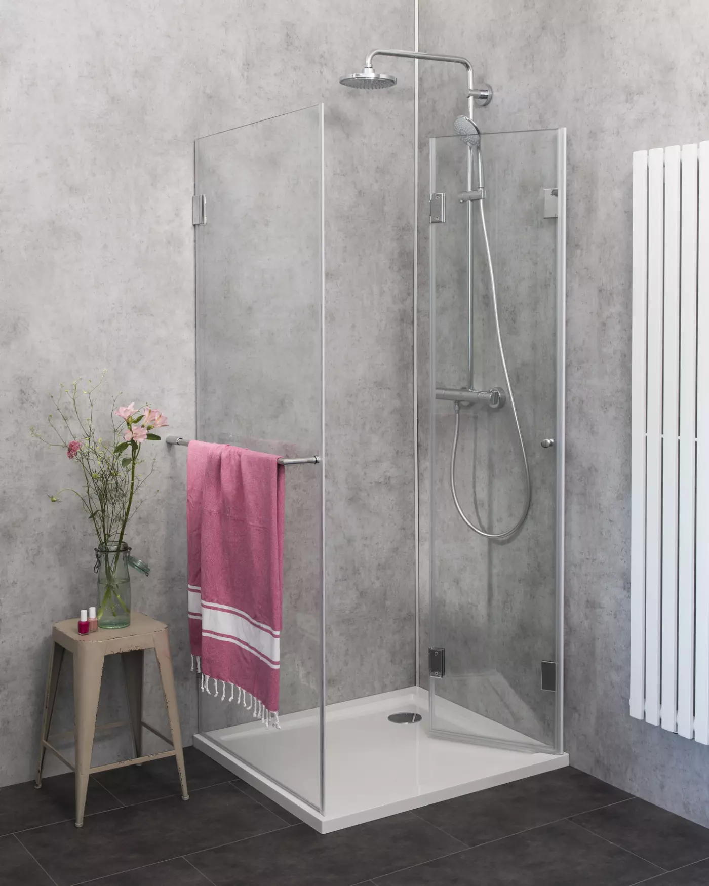 Eckdusche Falttür mit Festwand 100x90 & Duschwanne