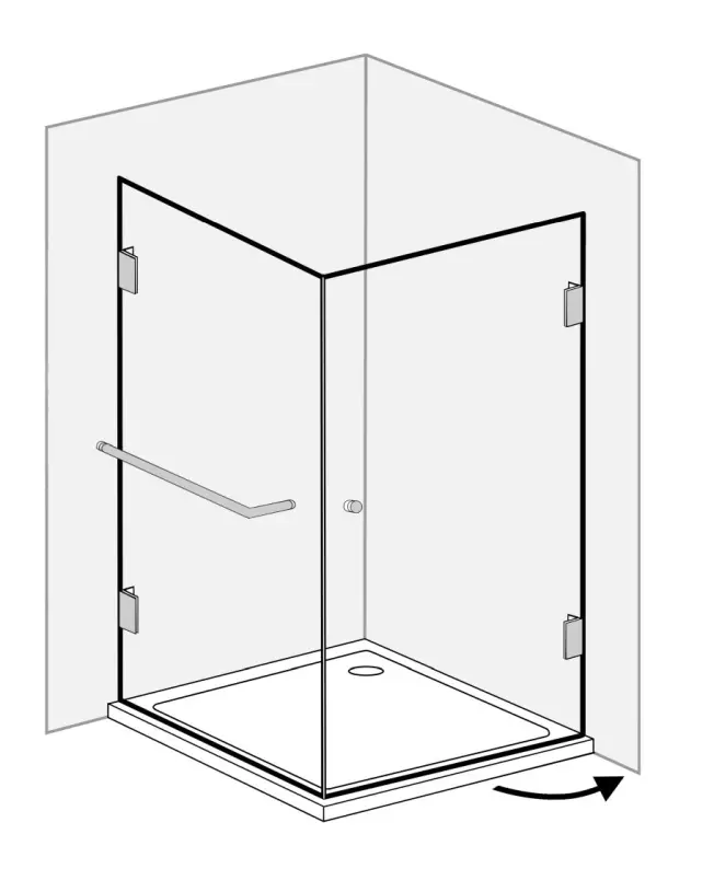 Eckdusche 75x75 mit Festwand, Tür an Wand & Duschwanne