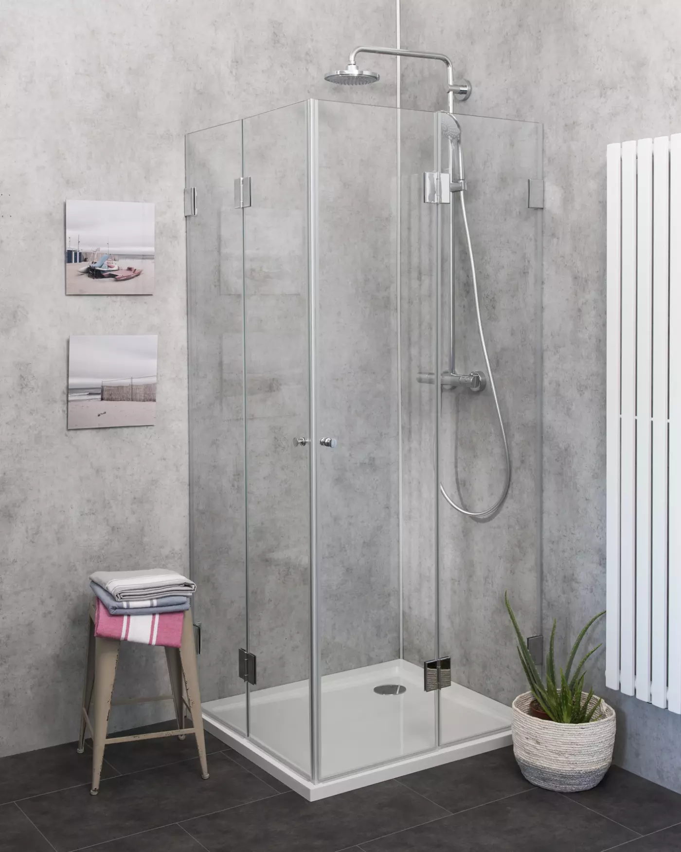 Eckdusche 75x75 mit 2 Falttüren Höhe 173cm & Duschwanne