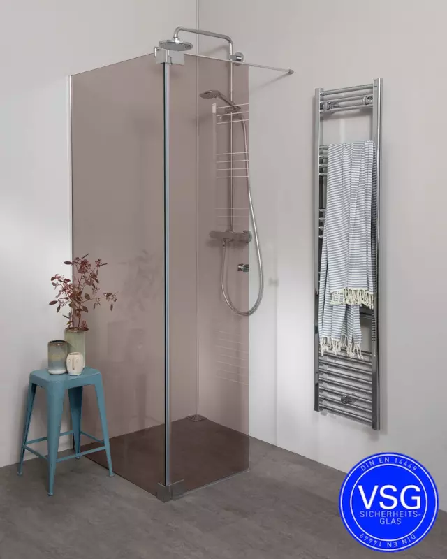 Begehbare Dusche VSG: Duschwand mit Wandprofil & Klappteil über Eck nach Maß