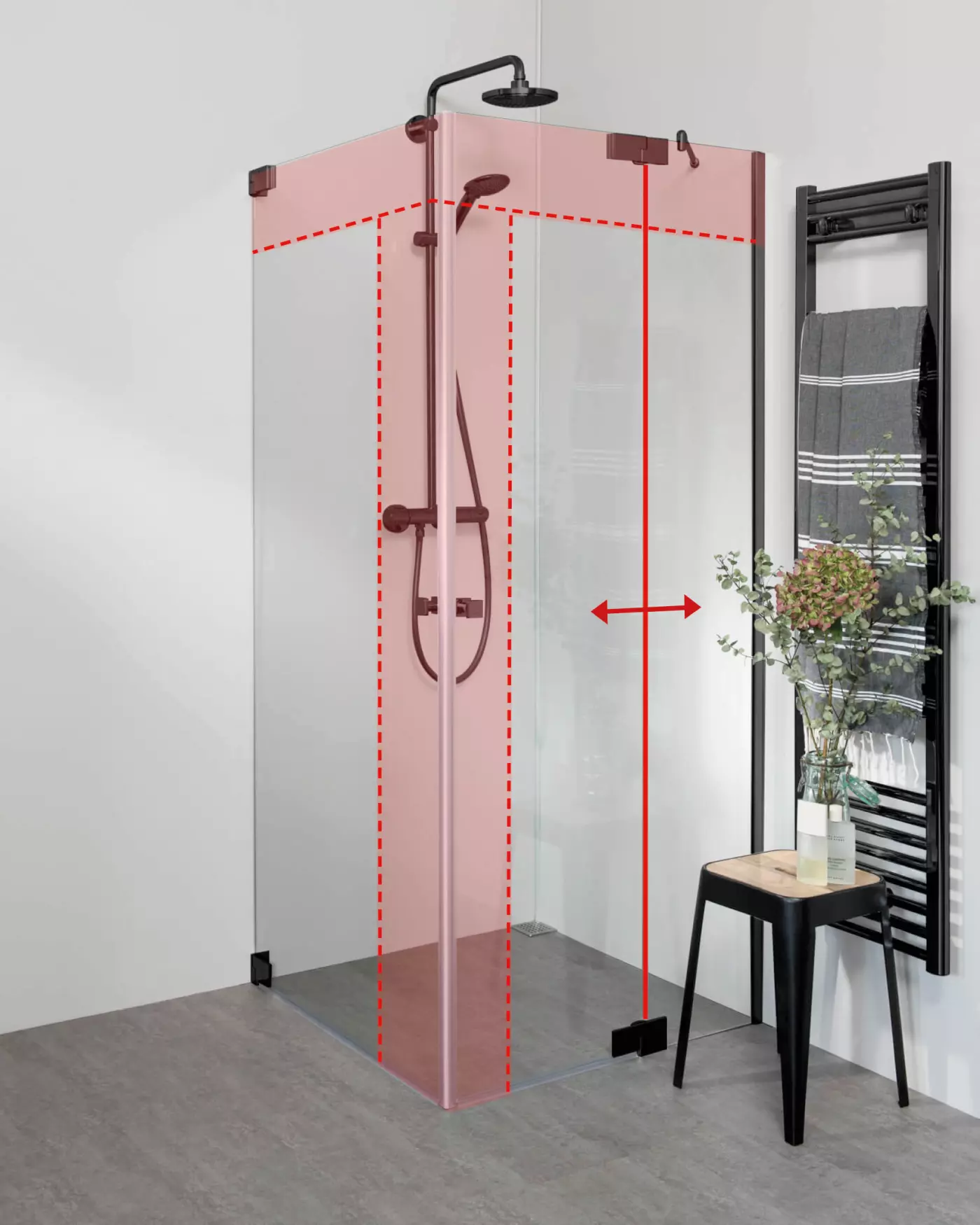 Teilgerahmte Eckdusche mit Pendeltür an Wand & Pendeltür an Festteil nach Maß