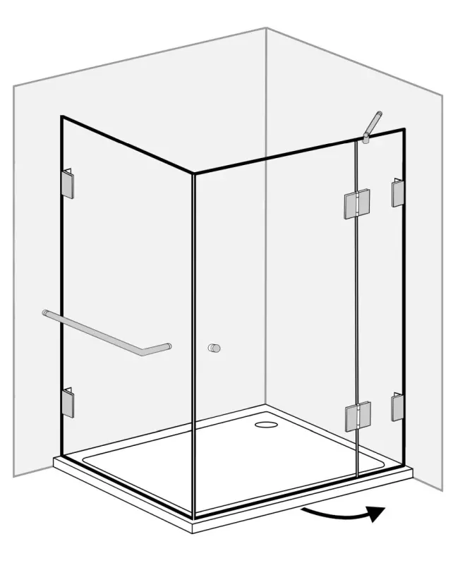 Große Eckdusche mit Festwand und Tür an Festteil