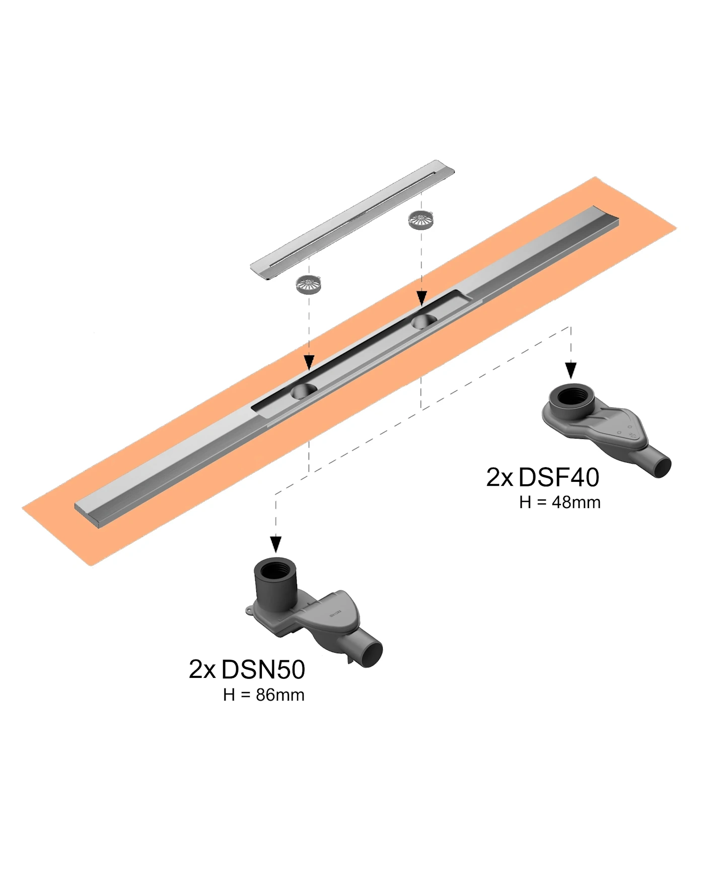 Duschprofil Duschrinne flach, drehbarer Doppel-Ablauf mittig, Länge 50 cm
