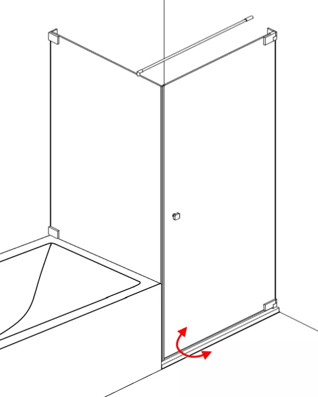 Eck Duschkabine mit verkürzter Festwand neben Badewanne und Pendeltür an Wand
