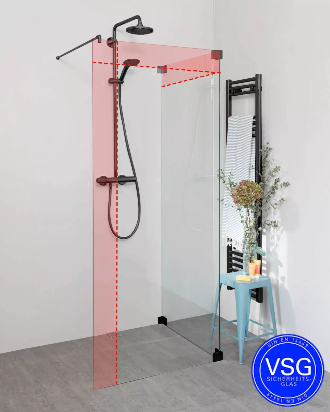 Begehbare Dusche VSG: Freistehende Duschwand über Eck, Maßanfertigung