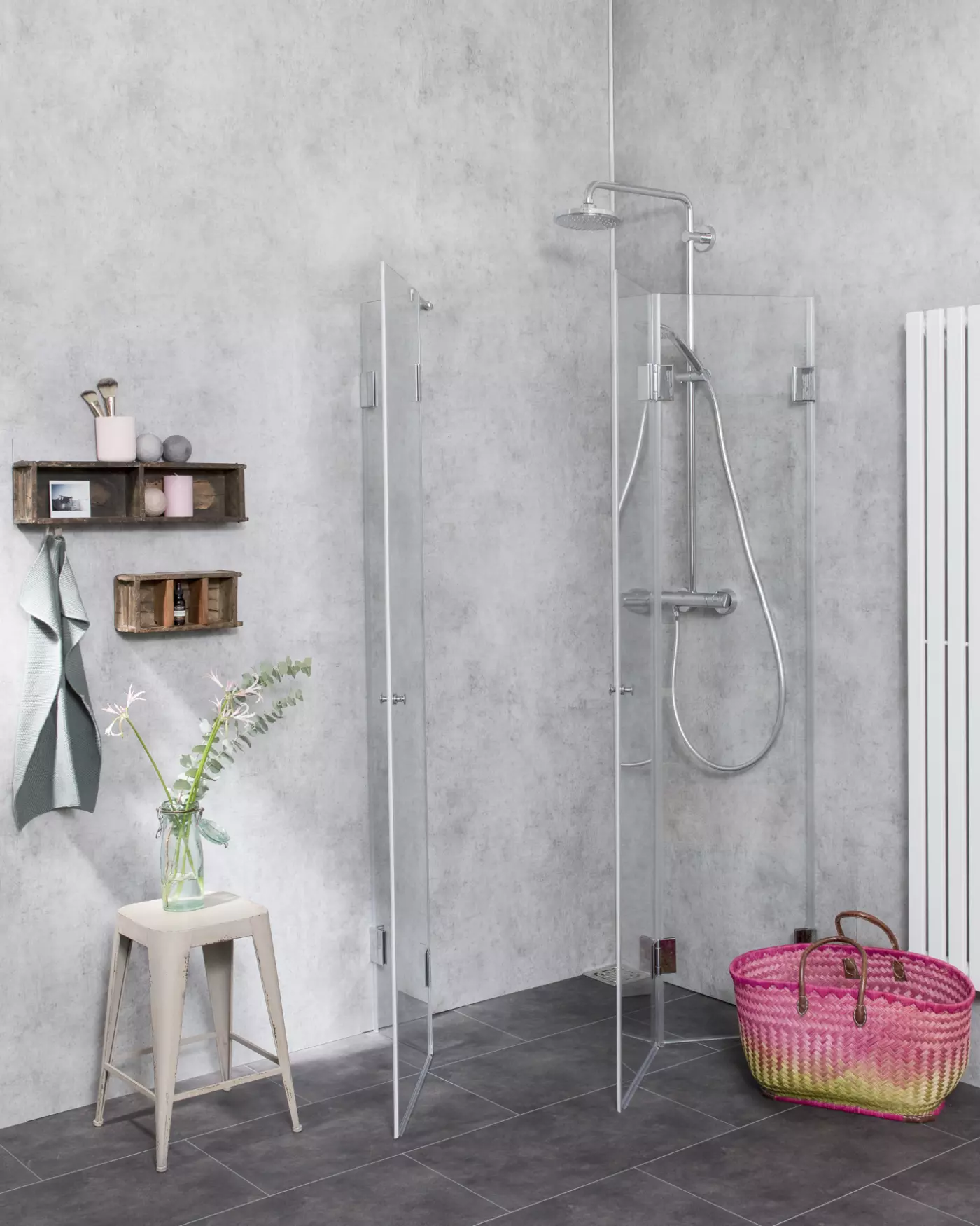 Eckdusche 120x80 Falttür & Tür an Festteil mit Duschwanne