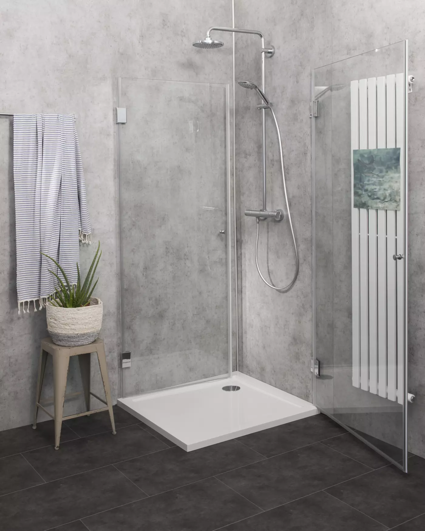 Eckdusche 90x80 mit 2 Türen an Wand H=173cm & Duschwanne