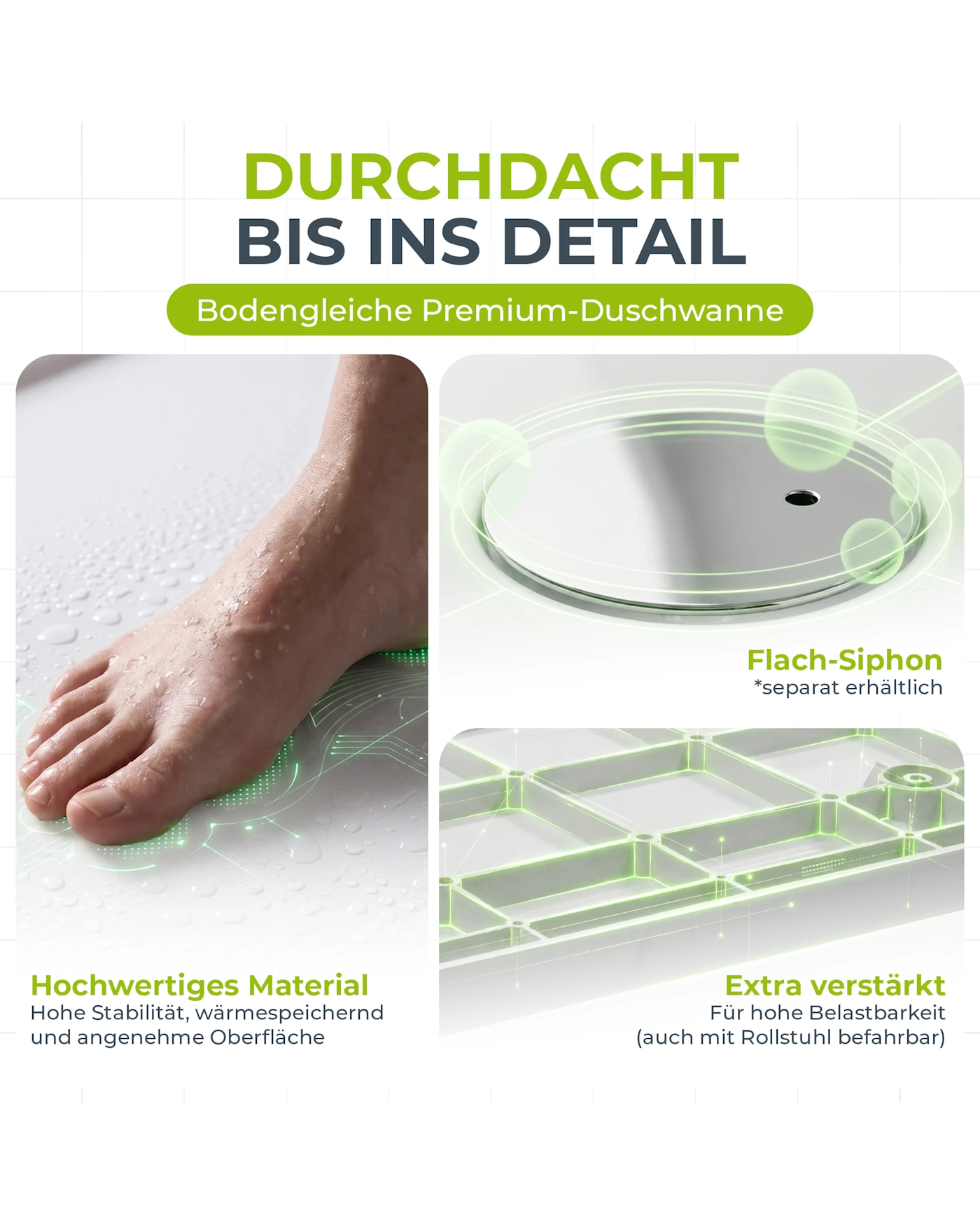 Duschwanne, Flach-Siphon, hochwertiges Material, Rutschfeste Oberfläche, Bodengleiche Installation
