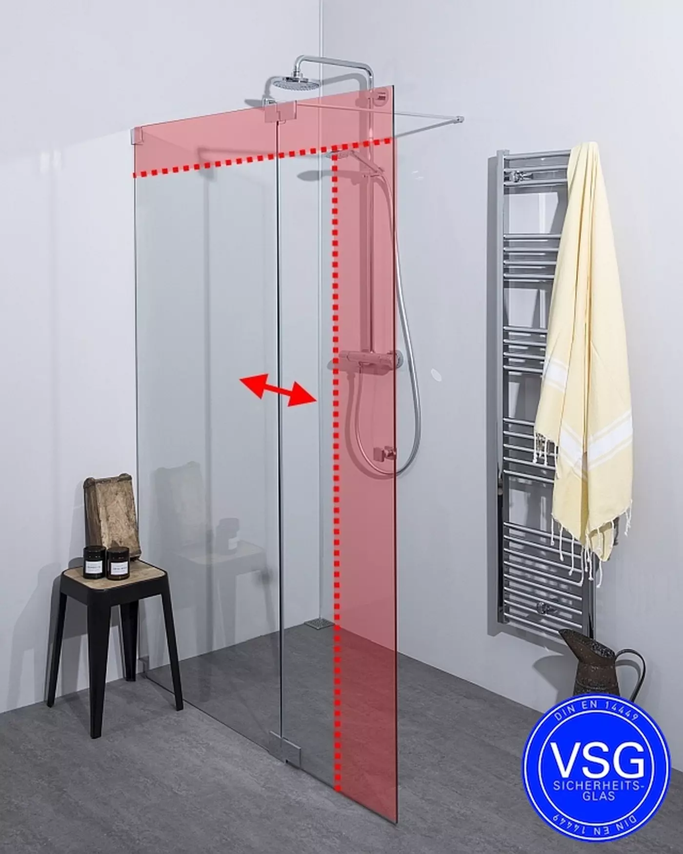 VSG Walk-In Dusche: Festwand mit Klappteil, Maßanfertigung