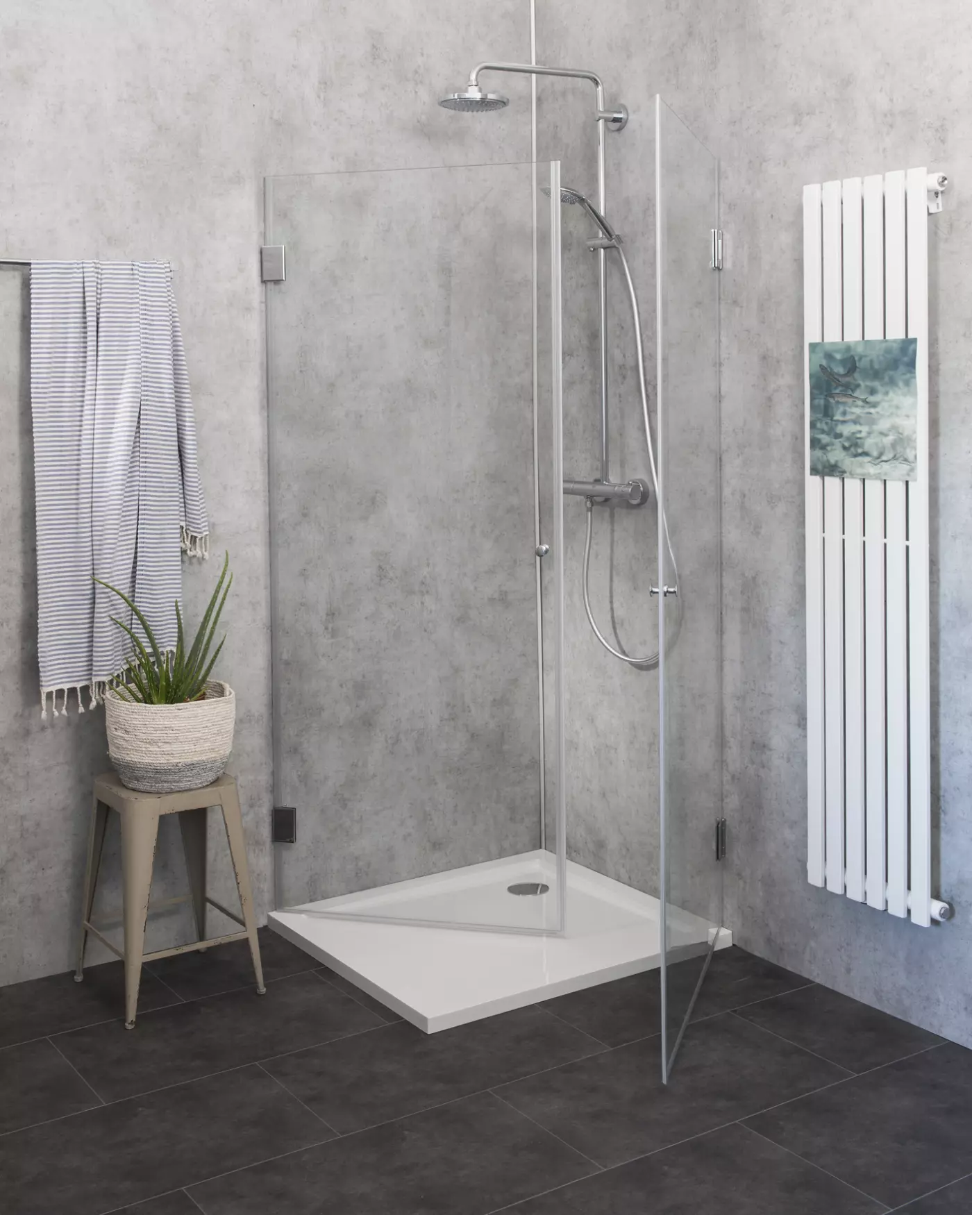 Eckdusche 90x80 mit 2 Türen an Wand H=173cm & Duschwanne