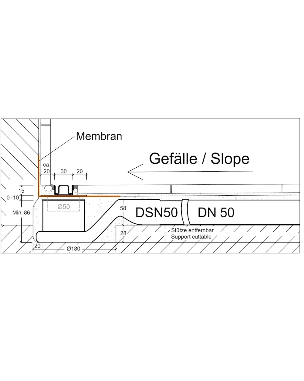 Duschrinne flach, drehbarer Ablauf in der Mitte, Länge 60 cm