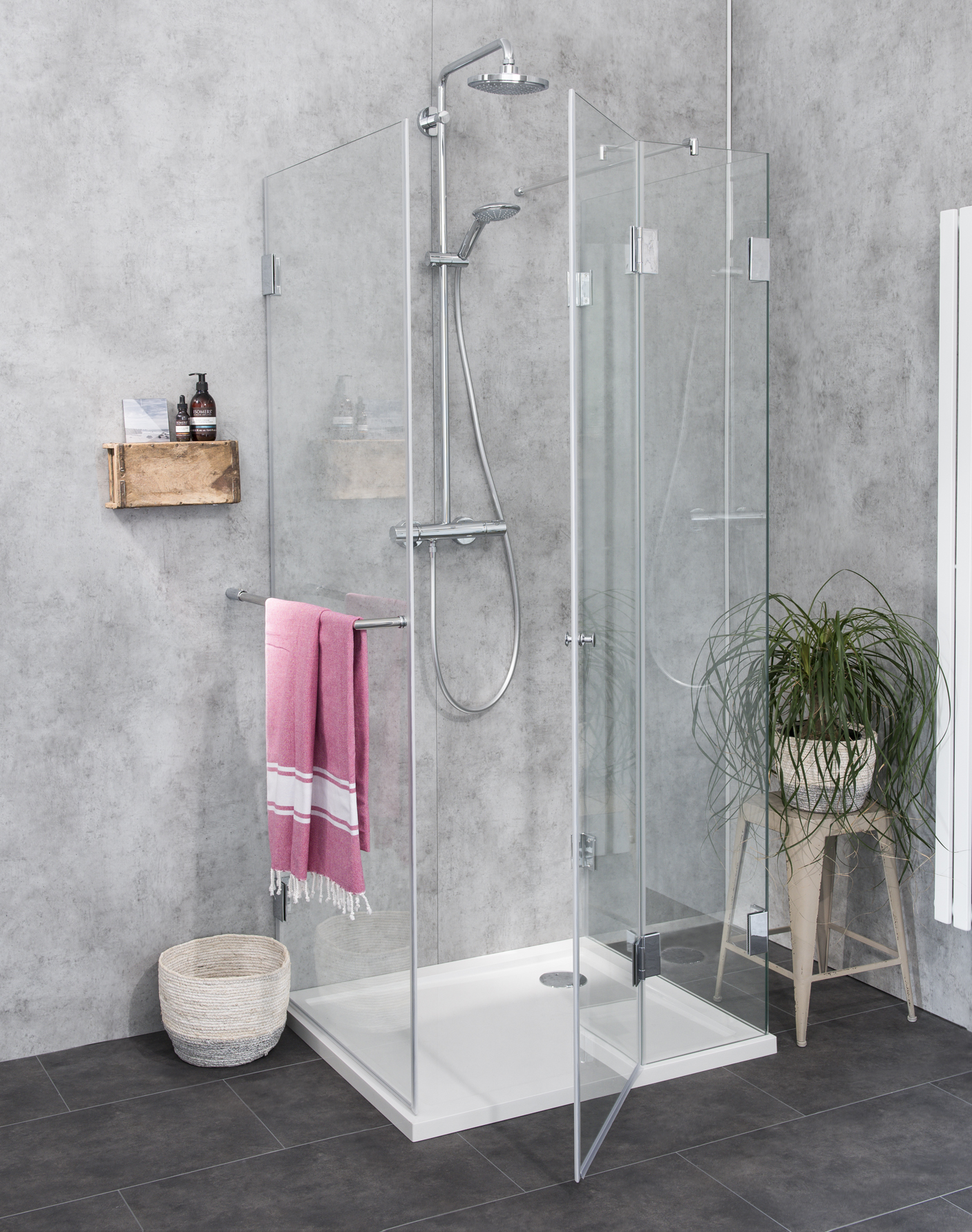 Komplett-Set U-Form Dusche mit Duschwanne, ESG Glas, H=195 cm - AU2S-SL8080