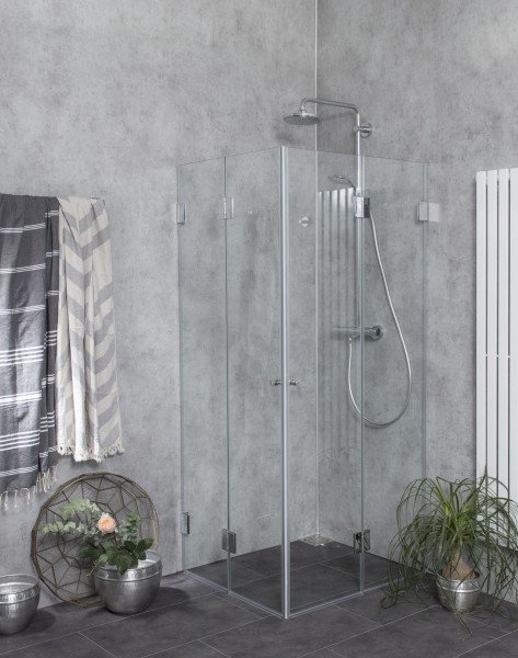 Eck Falt-Dusche mit 2 Falt-Türen ESG Glas H=195cm