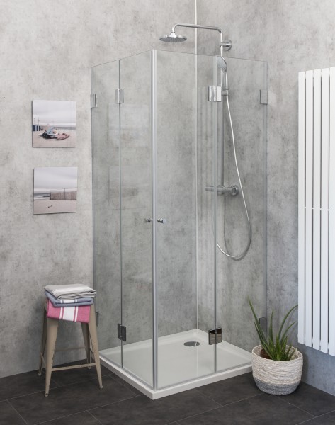 Eckdusche 90x90 mit 2 Falttüren Höhe 173cm & Duschwanne
