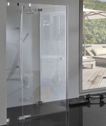 Rahmenlose Eck Dusche auch bodengleich fugenbündig Pendeltür und Festwand 8mm Glas chrom